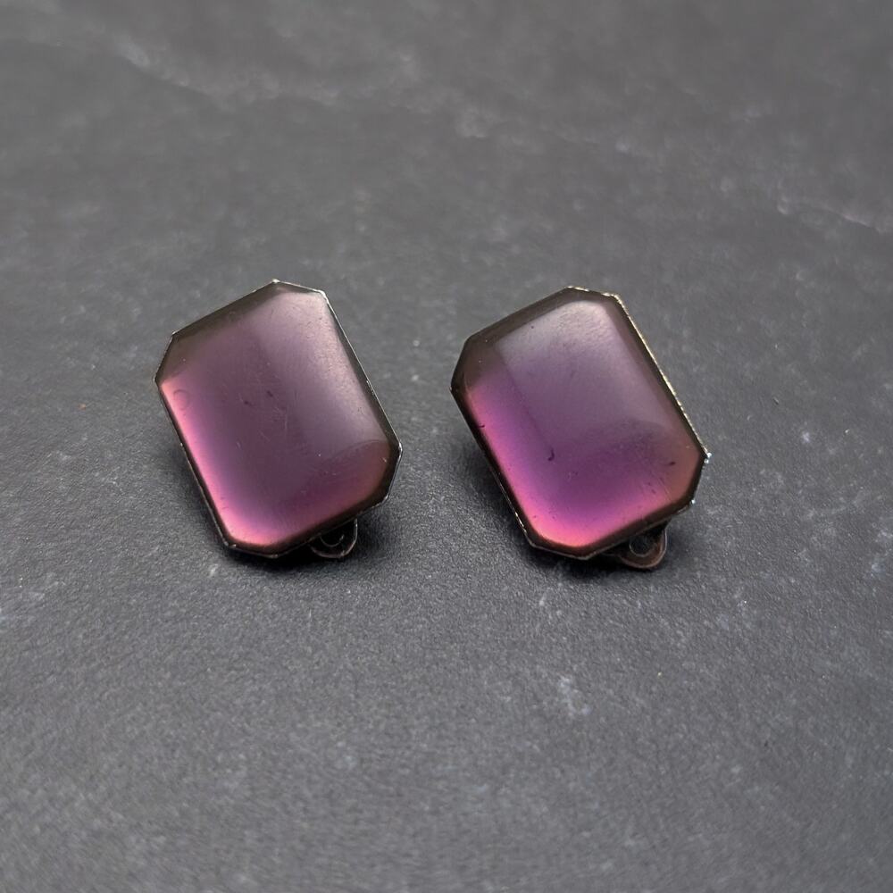 Vintage Clip On Earrings Dark Purple / Plum Tone Stylish Retro - Fair Condition